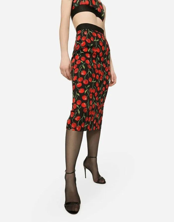 Dolce and Gabbana Skirts Women Highwaisted Charmeuse Calflength Skirt With Cherry Print Multicolor Dolce and Gabbana Skirts Women Highwaisted Charmeuse Calflength Skirt With Cherry Print Multicolor