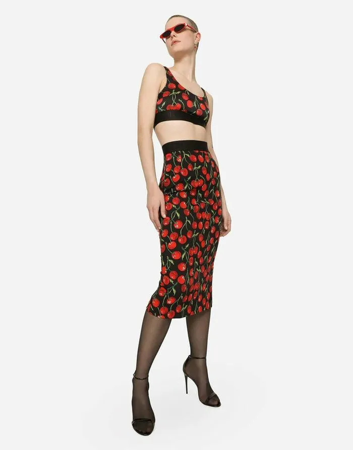 Dolce and Gabbana Skirts Women Highwaisted Charmeuse Calflength Skirt With Cherry Print Multicolor Dolce and Gabbana Skirts Women Highwaisted Charmeuse Calflength Skirt With Cherry Print Multicolor