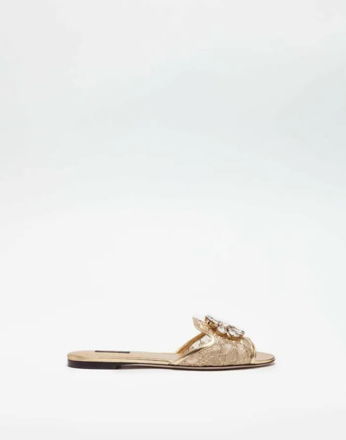 Dolce and Gabbana Slides And Mules Women Lurex Lace Rainbow Slides With Brooch Detailing Gold Dolce and Gabbana Slides And Mules Women Lurex Lace Rainbow Slides With Brooch Detailing Gold