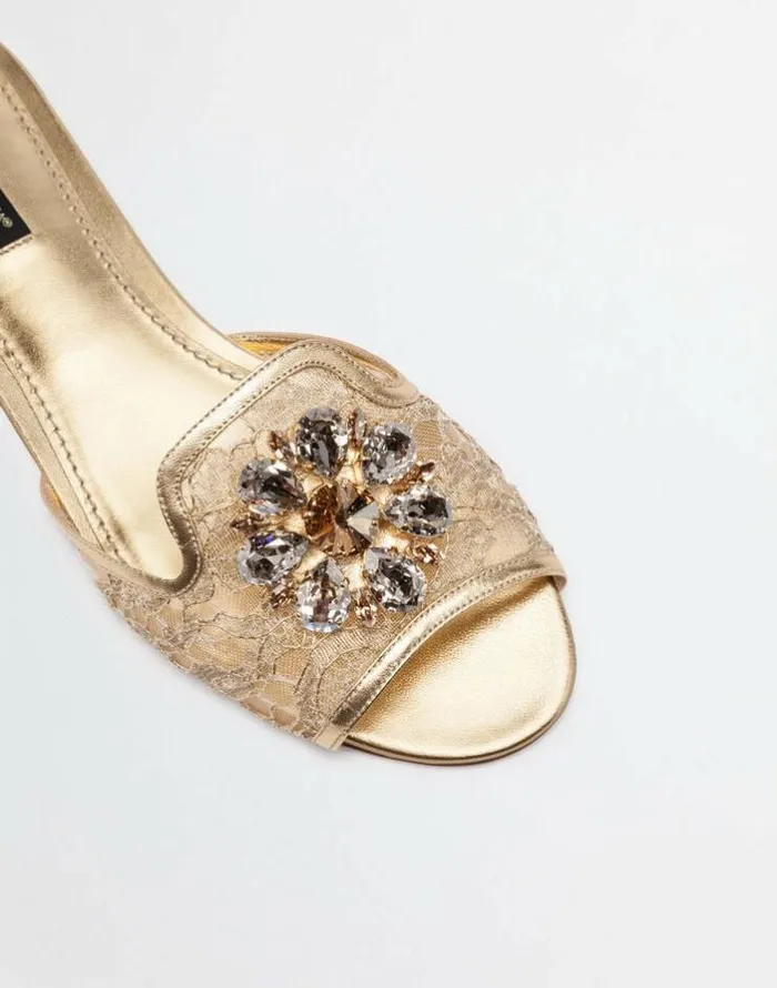 Dolce and Gabbana Slides And Mules Women Lurex Lace Rainbow Slides With Brooch Detailing Gold Dolce and Gabbana Slides And Mules Women Lurex Lace Rainbow Slides With Brooch Detailing Gold