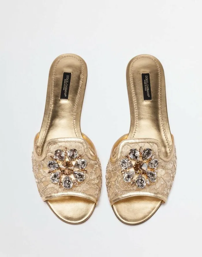 Dolce and Gabbana Slides And Mules Women Lurex Lace Rainbow Slides With Brooch Detailing Gold Dolce and Gabbana Slides And Mules Women Lurex Lace Rainbow Slides With Brooch Detailing Gold