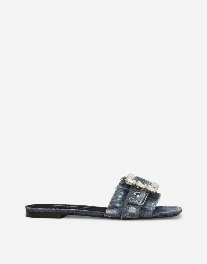 Dolce and Gabbana Slides And Mules Women Patchwork Denim Slides With Rhinestone Buckle Blue Dolce and Gabbana Slides And Mules Women Patchwork Denim Slides With Rhinestone Buckle Blue
