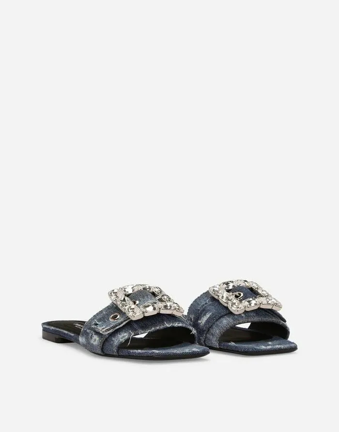 Dolce and Gabbana Slides And Mules Women Patchwork Denim Slides With Rhinestone Buckle Blue Dolce and Gabbana Slides And Mules Women Patchwork Denim Slides With Rhinestone Buckle Blue