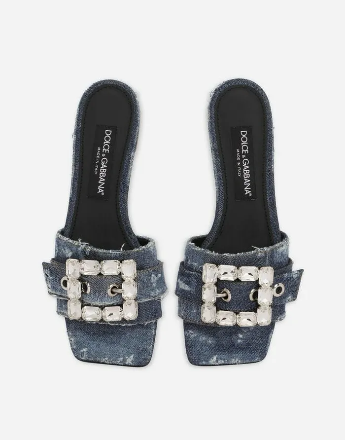 Dolce and Gabbana Slides And Mules Women Patchwork Denim Slides With Rhinestone Buckle Blue Dolce and Gabbana Slides And Mules Women Patchwork Denim Slides With Rhinestone Buckle Blue