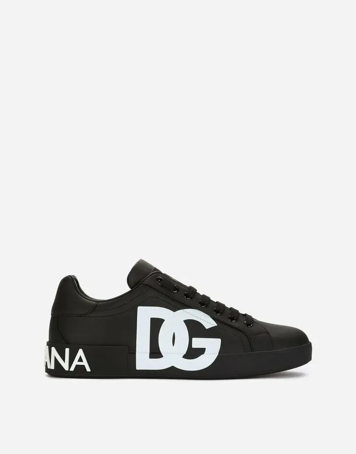 Dolce and Gabbana Sneakers Men Calfskin Nappa Portofino Sneakers With DG Logo Print Black