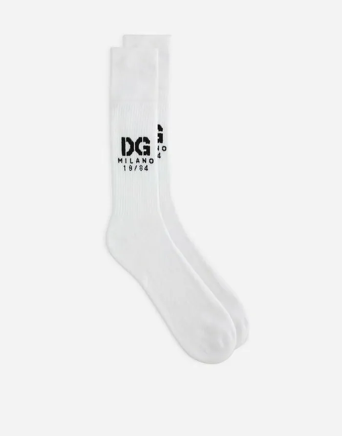 Dolce and Gabbana Socks Men Stretch Cotton Socks With Jacquard DG Logo White