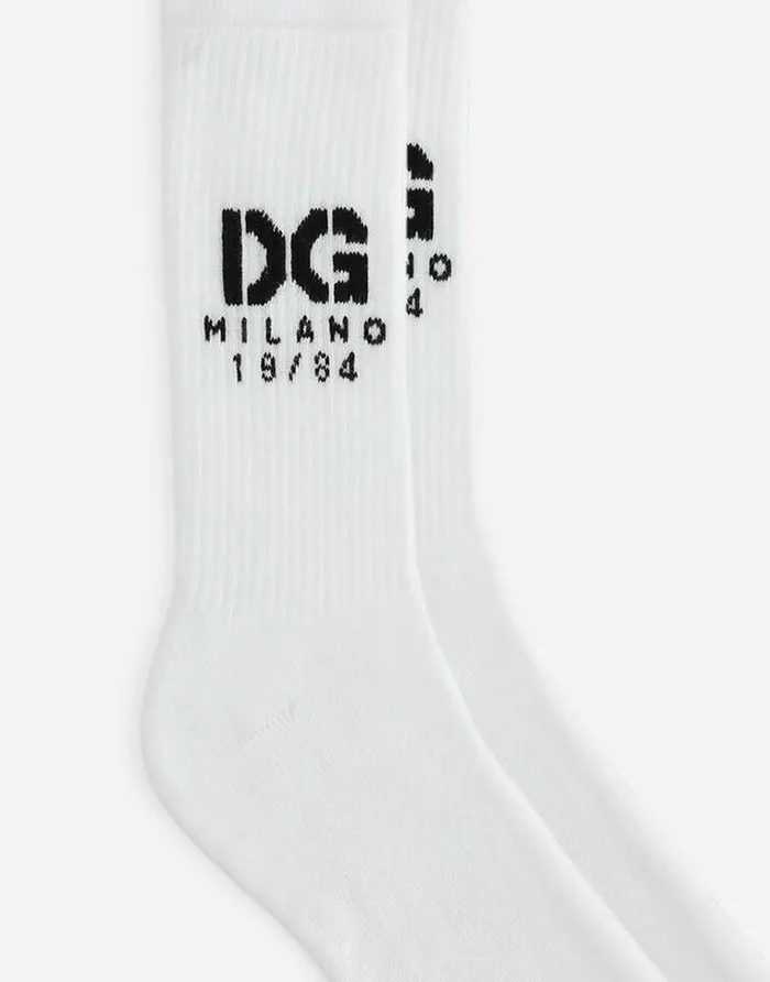 Dolce and Gabbana Socks Men Stretch Cotton Socks With Jacquard DG Logo White Dolce and Gabbana Socks Men Stretch Cotton Socks With Jacquard DG Logo White