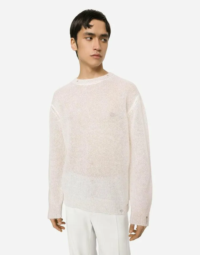 Dolce and Gabbana Sweaters And Cardigans Men Roundneck Mohair Wool Sweater White Dolce and Gabbana Sweaters And Cardigans Men Roundneck Mohair Wool Sweater White