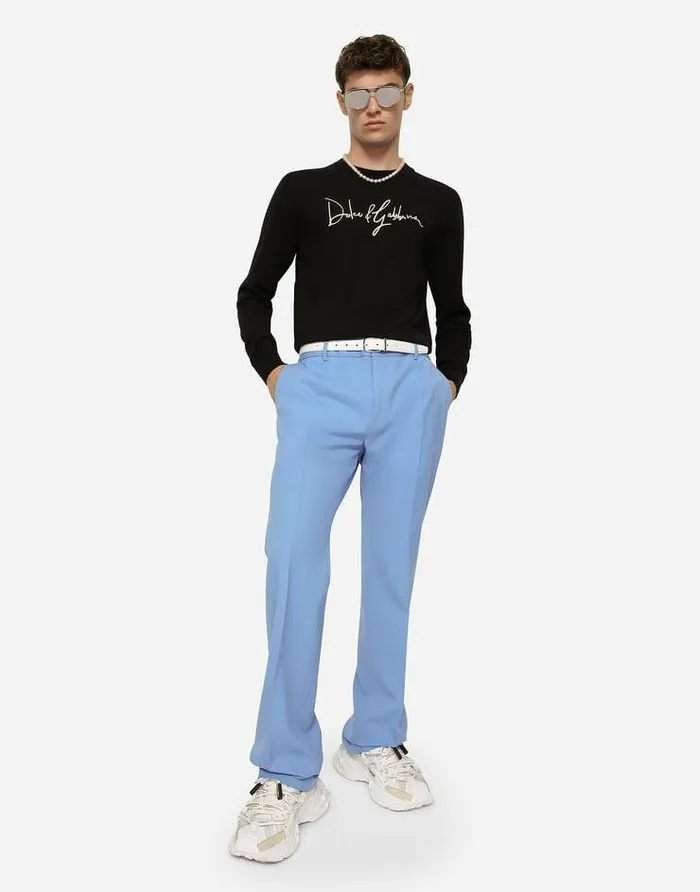 Dolce and Gabbana Sweaters And Cardigans Men Wool Roundneck Sweater With DolceandGabbana Embroidery Blue Dolce and Gabbana Sweaters And Cardigans Men Wool Roundneck Sweater With DolceandGabbana Embroidery Blue