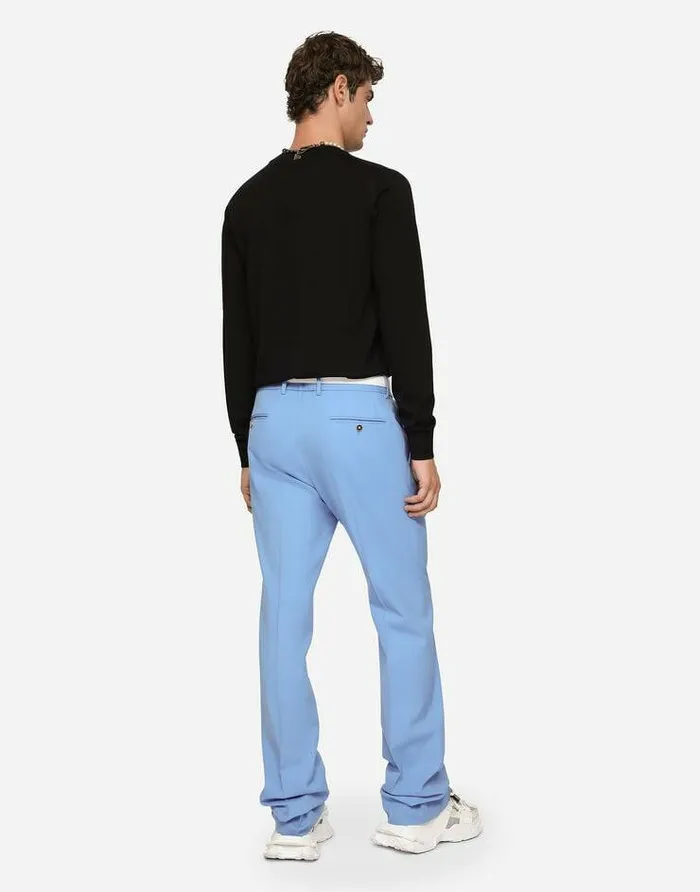 Dolce and Gabbana Sweaters And Cardigans Men Wool Roundneck Sweater With DolceandGabbana Embroidery Blue Dolce and Gabbana Sweaters And Cardigans Men Wool Roundneck Sweater With DolceandGabbana Embroidery Blue