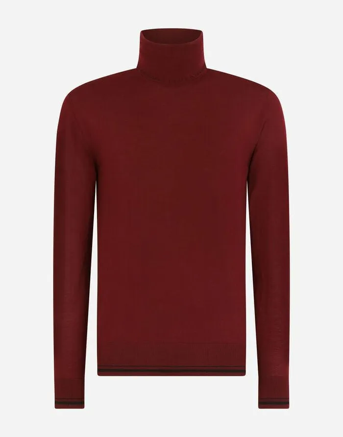 Dolce and Gabbana Sweaters And Cardigans Men Wool Turtleneck Sweater With Jacquard Logo Bordeaux