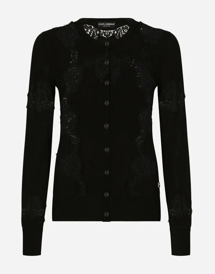 Dolce and Gabbana Sweaters And Cardigans Women Cashmere And Silk Cardigan With Lace Inlay Black