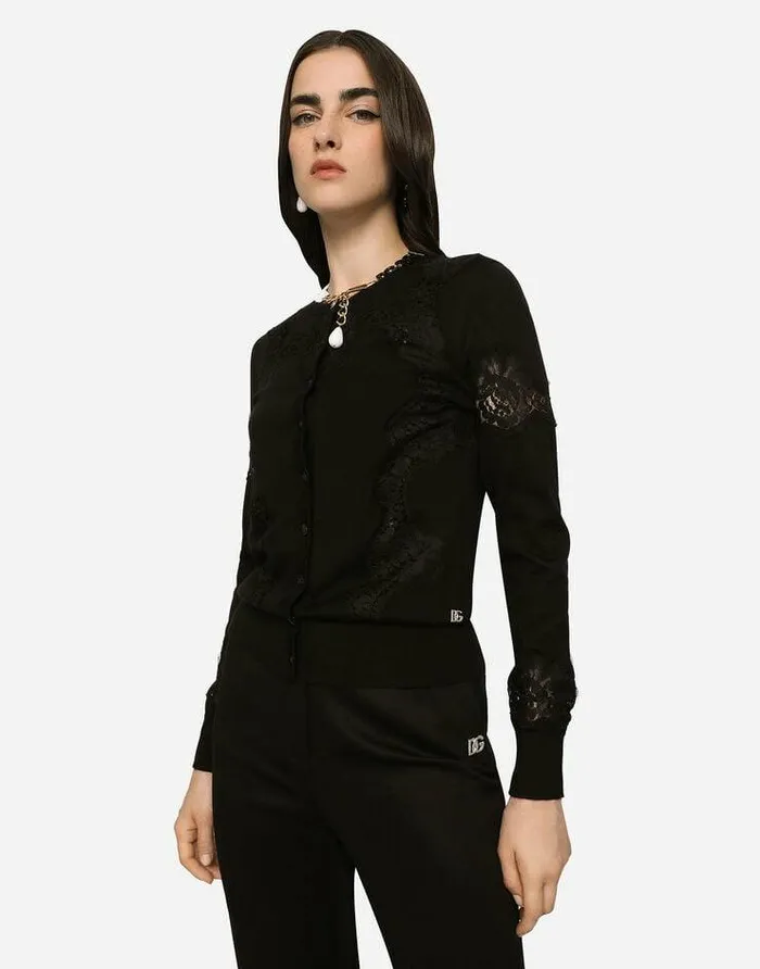 Dolce and Gabbana Sweaters And Cardigans Women Cashmere And Silk Cardigan With Lace Inlay Black Dolce and Gabbana Sweaters And Cardigans Women Cashmere And Silk Cardigan With Lace Inlay Black