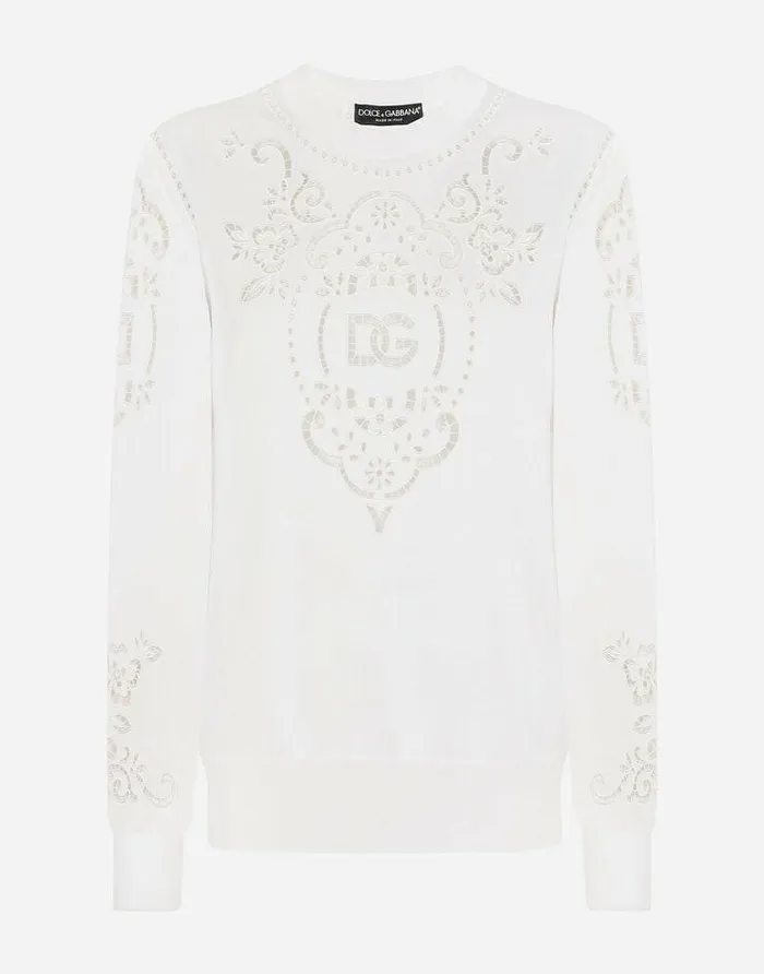 Dolce and Gabbana Sweaters And Cardigans Women Silk Sweater With DG Openwork Embroidery White Dolce and Gabbana Sweaters And Cardigans Women Silk Sweater With DG Openwork Embroidery White