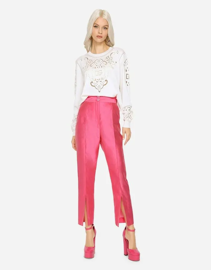 Dolce and Gabbana Sweaters And Cardigans Women Silk Sweater With DG Openwork Embroidery White Dolce and Gabbana Sweaters And Cardigans Women Silk Sweater With DG Openwork Embroidery White