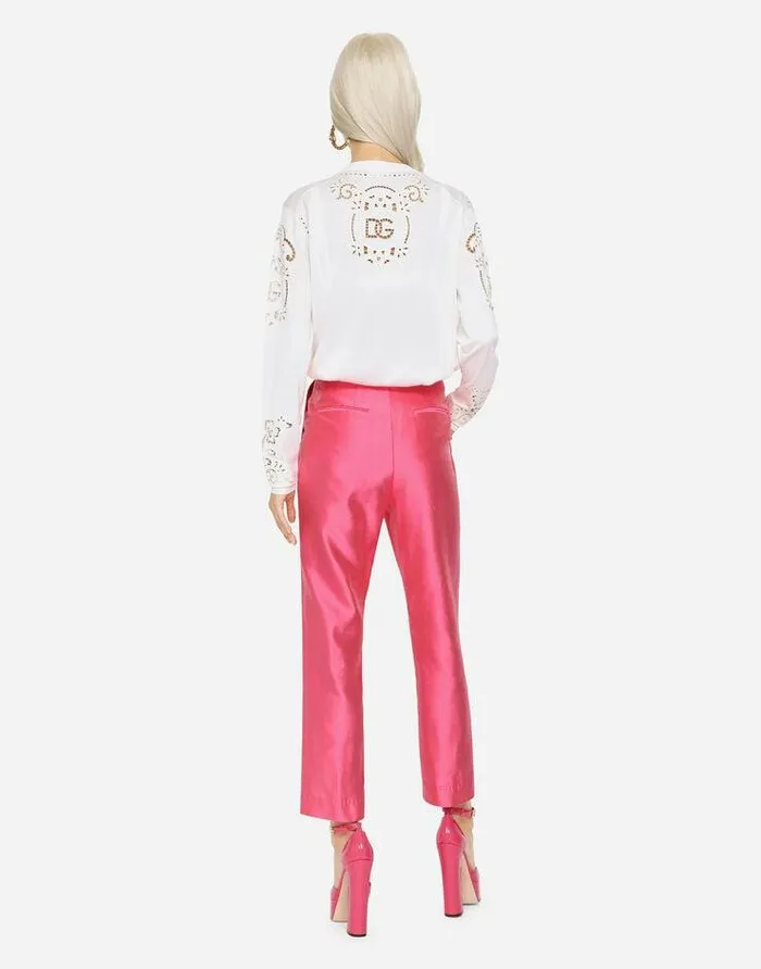 Dolce and Gabbana Sweaters And Cardigans Women Silk Sweater With DG Openwork Embroidery White Dolce and Gabbana Sweaters And Cardigans Women Silk Sweater With DG Openwork Embroidery White