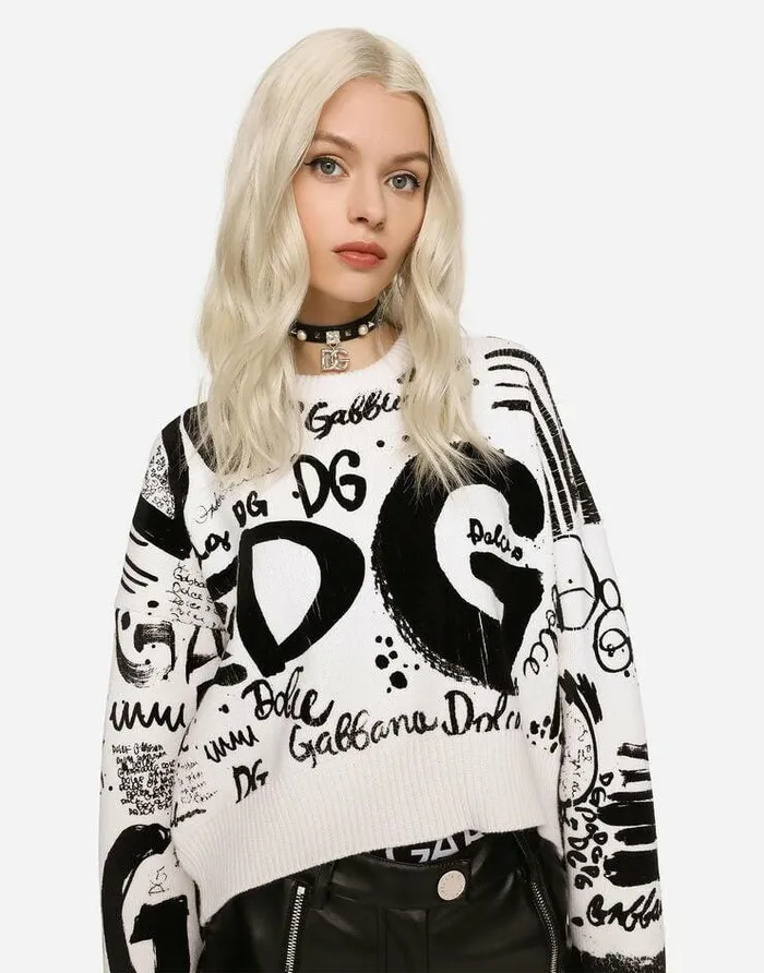 Dolce and Gabbana Sweaters And Cardigans Women Virgin Wool Sweater With Flocked DG Logo White