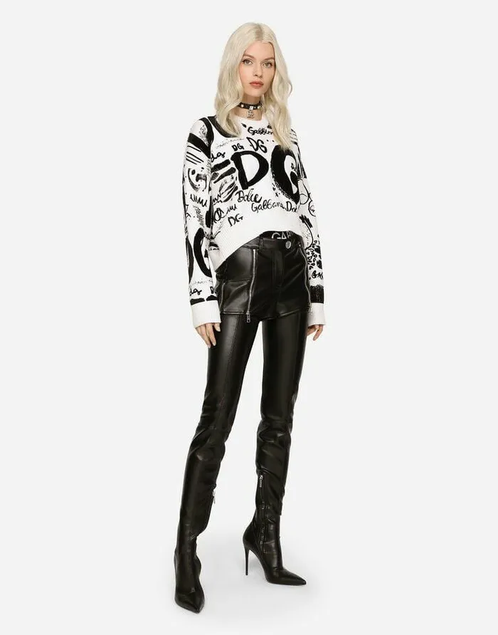 Dolce and Gabbana Sweaters And Cardigans Women Virgin Wool Sweater With Flocked DG Logo White