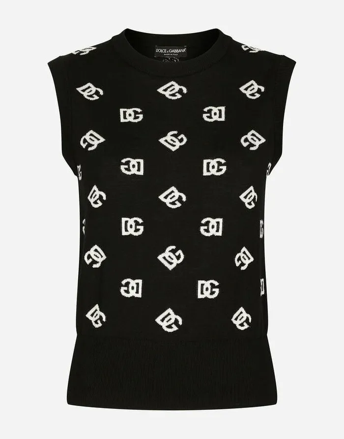Dolce and Gabbana Sweaters And Cardigans Women Wool And Silk Vest With Allover DG Logo Multicolor Dolce and Gabbana Sweaters And Cardigans Women Wool And Silk Vest With Allover DG Logo Multicolor