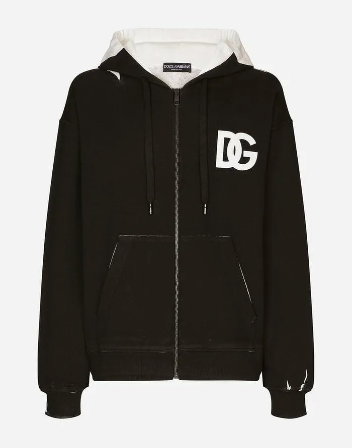 Dolce and Gabbana Sweatshirts Men DG Logo Print Jersey Hoodie With Zipper Black Dolce and Gabbana Sweatshirts Men DG Logo Print Jersey Hoodie With Zipper Black