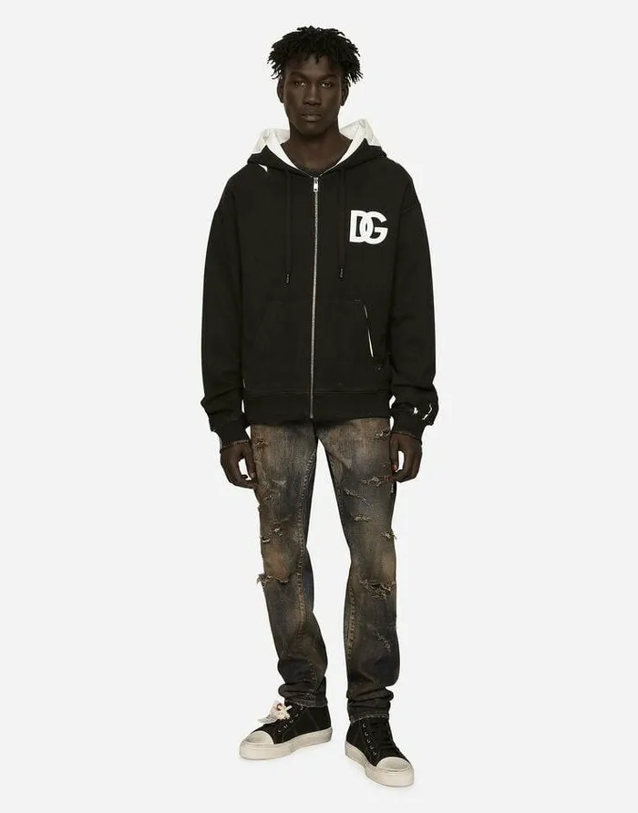 Dolce and Gabbana Sweatshirts Men DG Logo Print Jersey Hoodie With Zipper Black Dolce and Gabbana Sweatshirts Men DG Logo Print Jersey Hoodie With Zipper Black