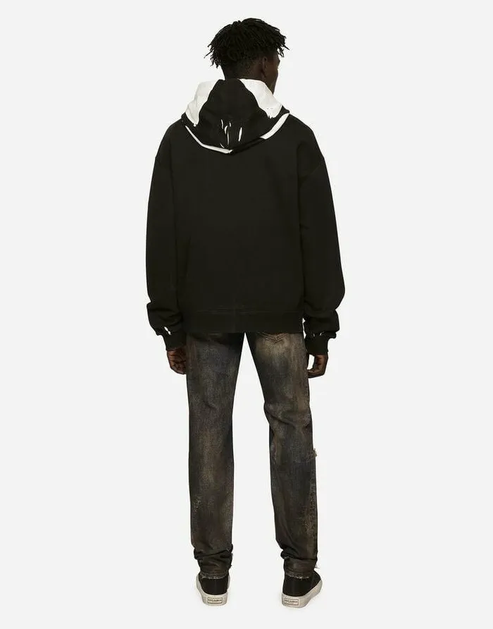 Dolce and Gabbana Sweatshirts Men DG Logo Print Jersey Hoodie With Zipper Black Dolce and Gabbana Sweatshirts Men DG Logo Print Jersey Hoodie With Zipper Black
