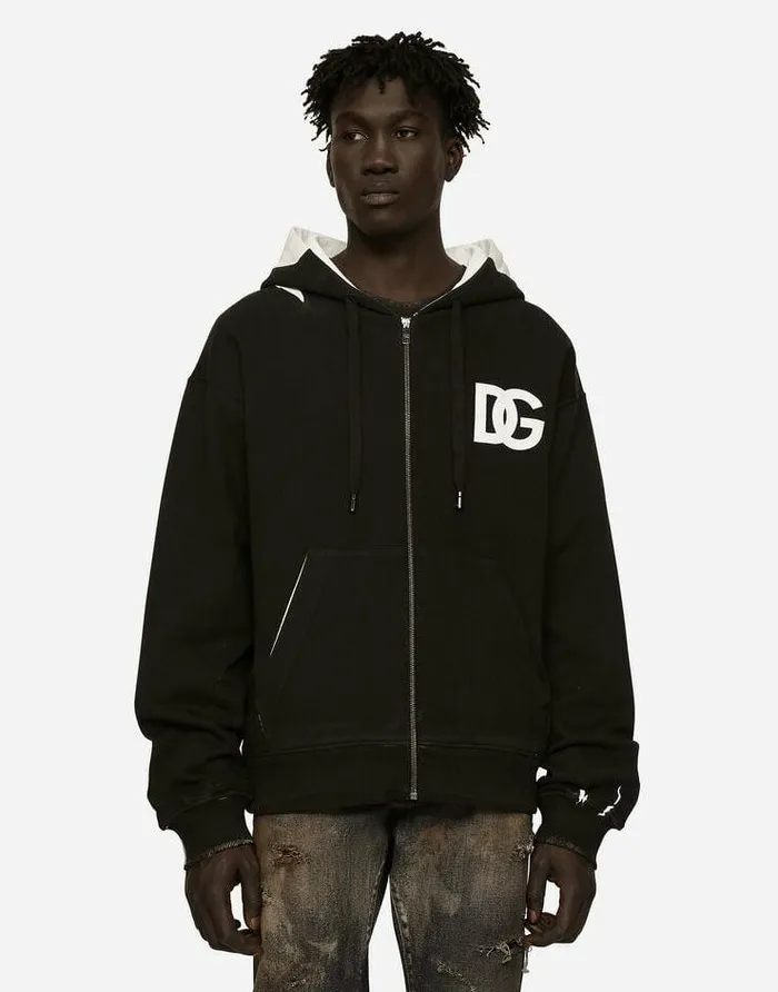 Dolce and Gabbana Sweatshirts Men DG Logo Print Jersey Hoodie With Zipper Black Dolce and Gabbana Sweatshirts Men DG Logo Print Jersey Hoodie With Zipper Black