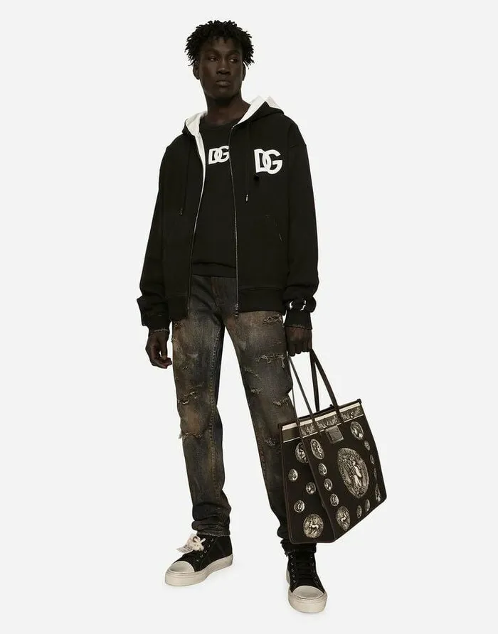 Dolce and Gabbana Sweatshirts Men DG Logo Print Jersey Hoodie With Zipper Black Dolce and Gabbana Sweatshirts Men DG Logo Print Jersey Hoodie With Zipper Black