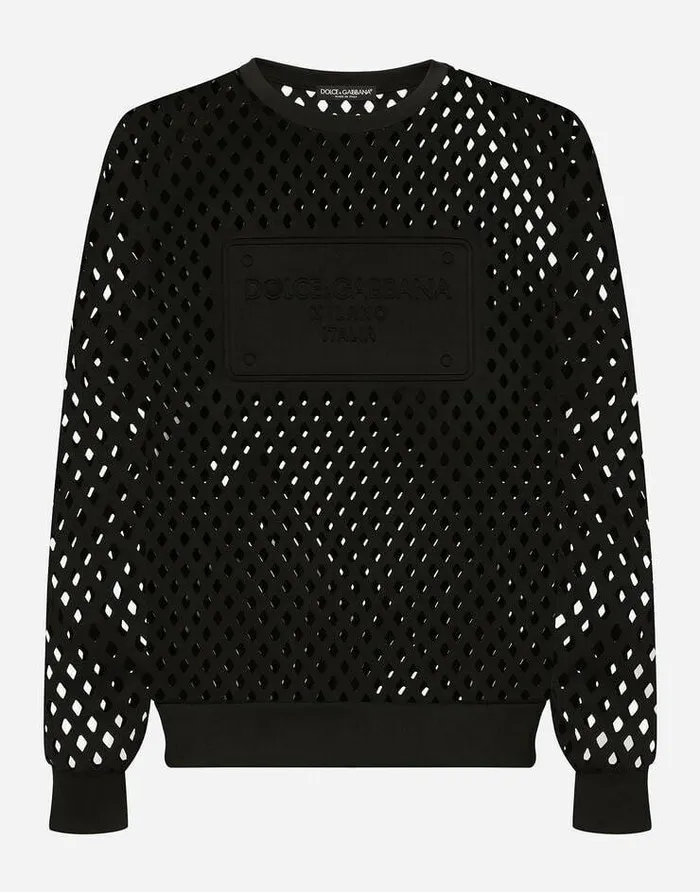 Dolce and Gabbana Sweatshirts Men Perforated Jersey Sweatshirt With Embossed Tag Black