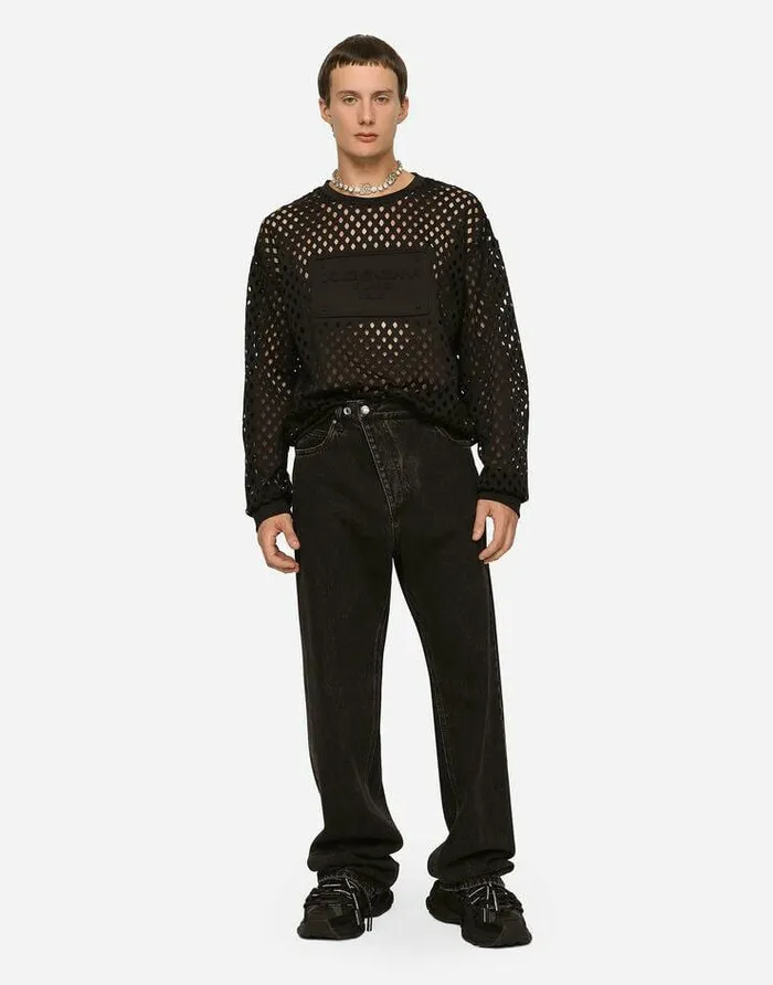 Dolce and Gabbana Sweatshirts Men Perforated Jersey Sweatshirt With Embossed Tag Black Dolce and Gabbana Sweatshirts Men Perforated Jersey Sweatshirt With Embossed Tag Black