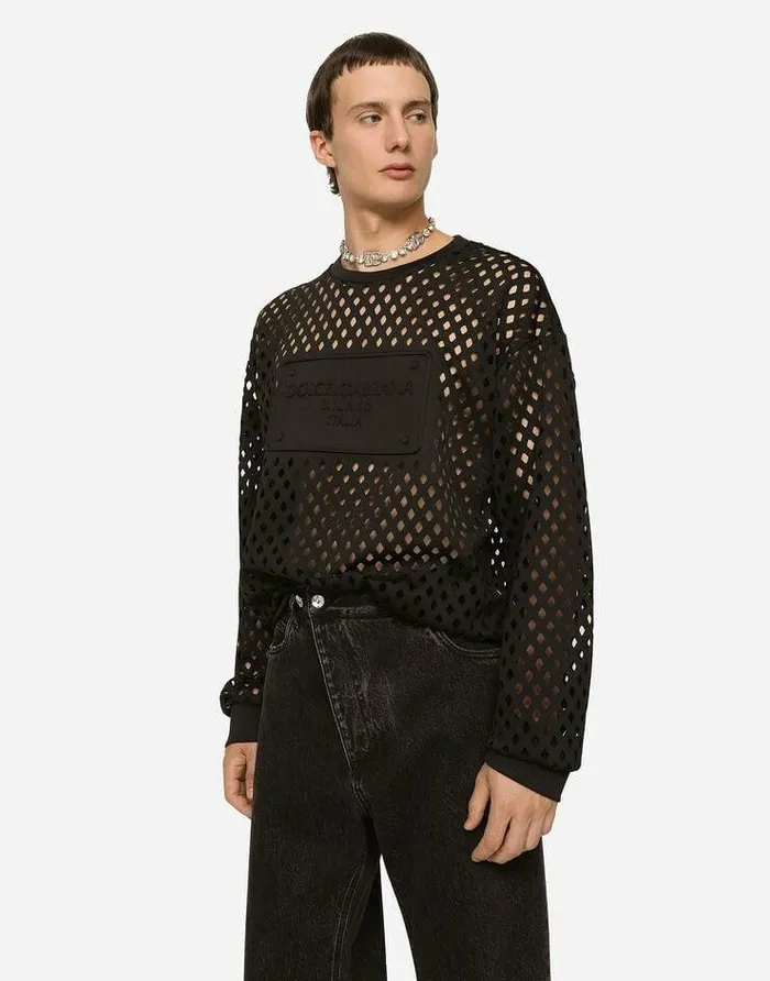 Dolce and Gabbana Sweatshirts Men Perforated Jersey Sweatshirt With Embossed Tag Black Dolce and Gabbana Sweatshirts Men Perforated Jersey Sweatshirt With Embossed Tag Black