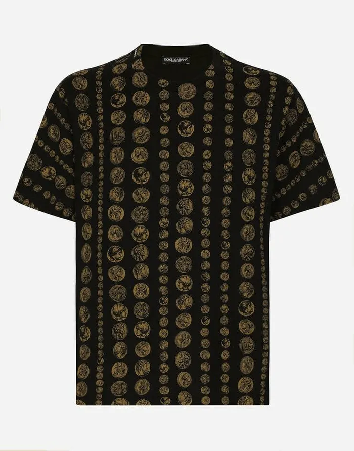 Dolce and Gabbana TShirts And Polos Men Allover Coin Print Cotton Tshirt Black Dolce and Gabbana TShirts And Polos Men Allover Coin Print Cotton Tshirt Black