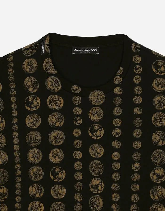 Dolce and Gabbana TShirts And Polos Men Allover Coin Print Cotton Tshirt Black Dolce and Gabbana TShirts And Polos Men Allover Coin Print Cotton Tshirt Black