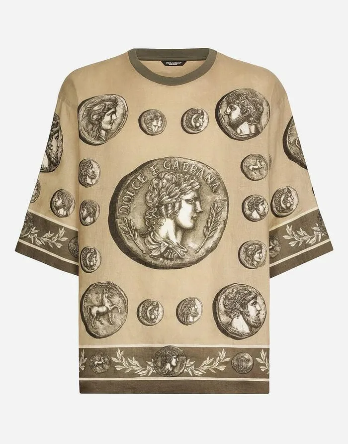 Dolce and Gabbana TShirts And Polos Men Coin Print Linen And Cotton Tshirt Beige Dolce and Gabbana TShirts And Polos Men Coin Print Linen And Cotton Tshirt Beige