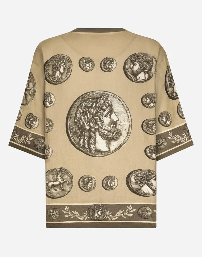 Dolce and Gabbana TShirts And Polos Men Coin Print Linen And Cotton Tshirt Beige Dolce and Gabbana TShirts And Polos Men Coin Print Linen And Cotton Tshirt Beige