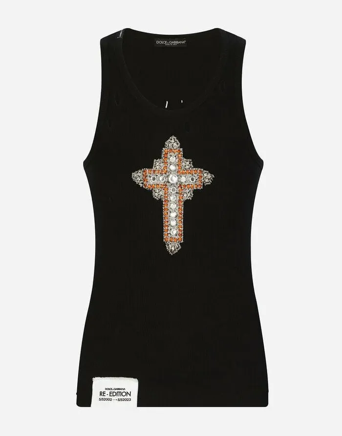 Dolce and Gabbana TShirts And Polos Men Finerib Cotton Singlet With Patch Black Dolce and Gabbana TShirts And Polos Men Finerib Cotton Singlet With Patch Black