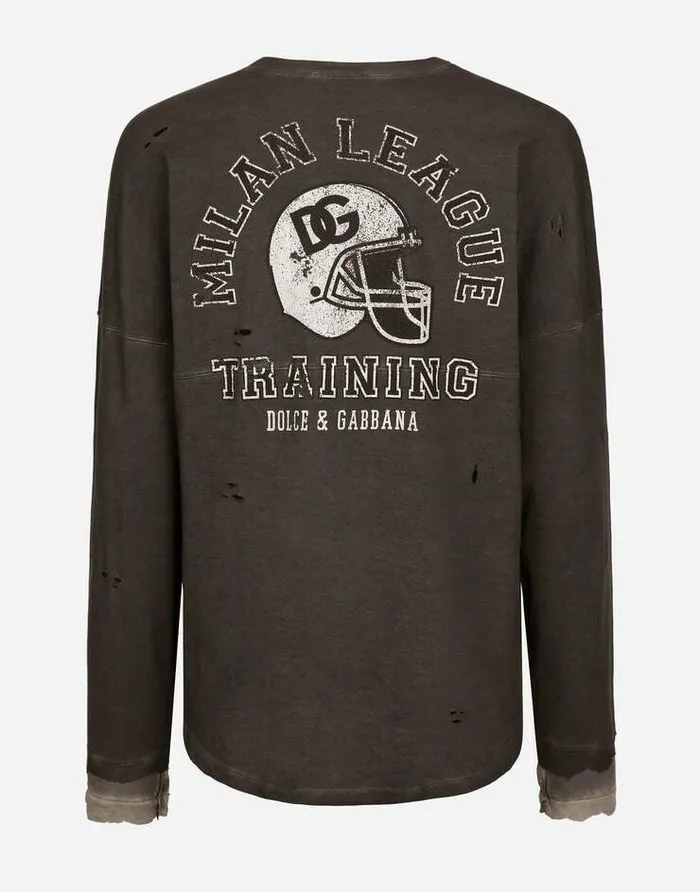 Dolce and Gabbana TShirts And Polos Men Longsleeved Roundneck Tshirt In Washed Cotton With Patch Detailing Grey Dolce and Gabbana TShirts And Polos Men Longsleeved Roundneck Tshirt In Washed Cotton With Patch Detailing Grey