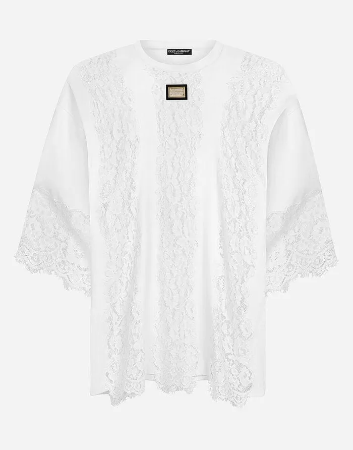 Dolce and Gabbana TShirts And Polos Men Shortsleeved Tshirt With Lace Inserts White Dolce and Gabbana TShirts And Polos Men Shortsleeved Tshirt With Lace Inserts White