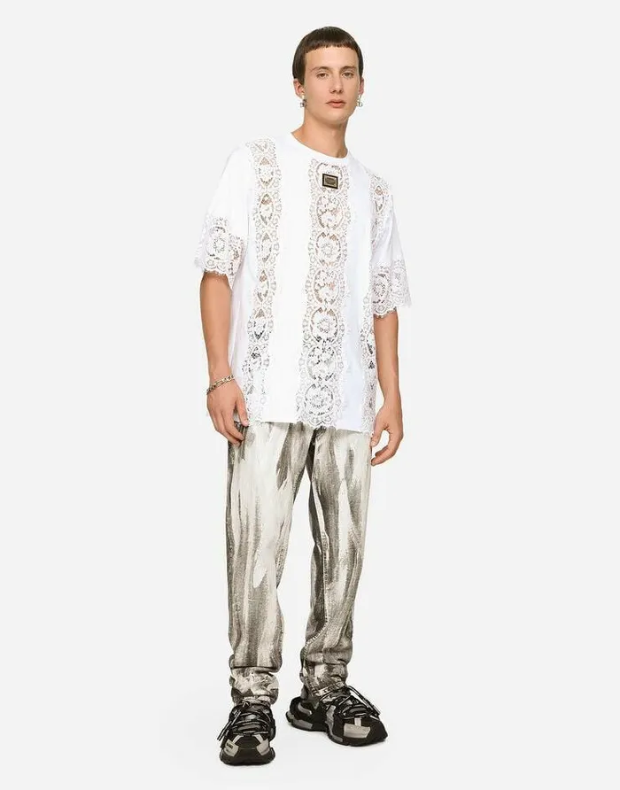 Dolce and Gabbana TShirts And Polos Men Shortsleeved Tshirt With Lace Inserts White Dolce and Gabbana TShirts And Polos Men Shortsleeved Tshirt With Lace Inserts White