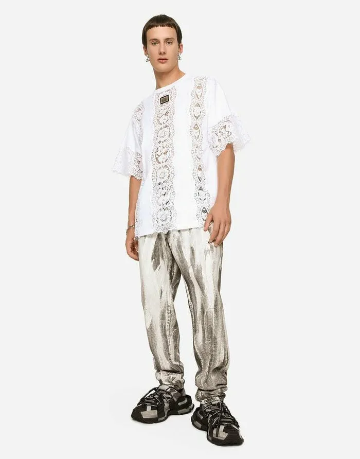 Dolce and Gabbana TShirts And Polos Men Shortsleeved Tshirt With Lace Inserts White Dolce and Gabbana TShirts And Polos Men Shortsleeved Tshirt With Lace Inserts White