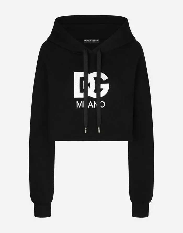 Dolce and Gabbana TShirts And Sweatshirts Women Cropped Jersey Hoodie With Embroidered DG Patch Black Dolce and Gabbana TShirts And Sweatshirts Women Cropped Jersey Hoodie With Embroidered DG Patch Black