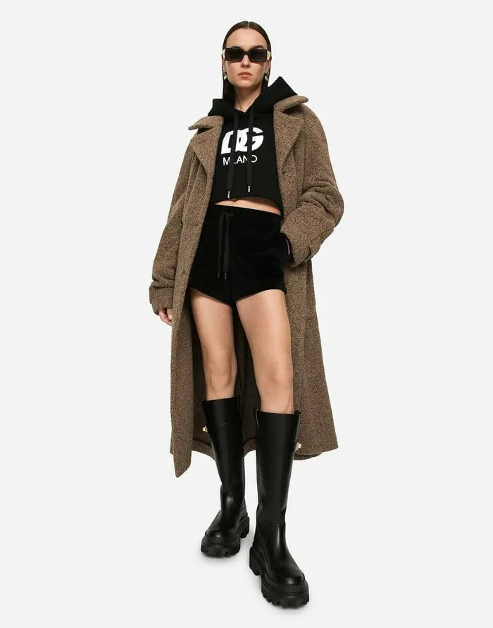 Dolce and Gabbana TShirts And Sweatshirts Women Cropped Jersey Hoodie With Embroidered DG Patch Black Dolce and Gabbana TShirts And Sweatshirts Women Cropped Jersey Hoodie With Embroidered DG Patch Black