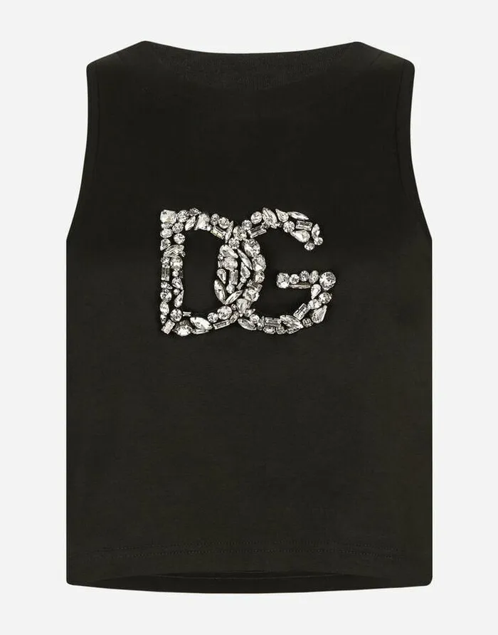 Dolce and Gabbana TShirts And Sweatshirts Women Cropped Jersey Tank Top With Crystal DG Embellishment Black Dolce and Gabbana TShirts And Sweatshirts Women Cropped Jersey Tank Top With Crystal DG Embellishment Black