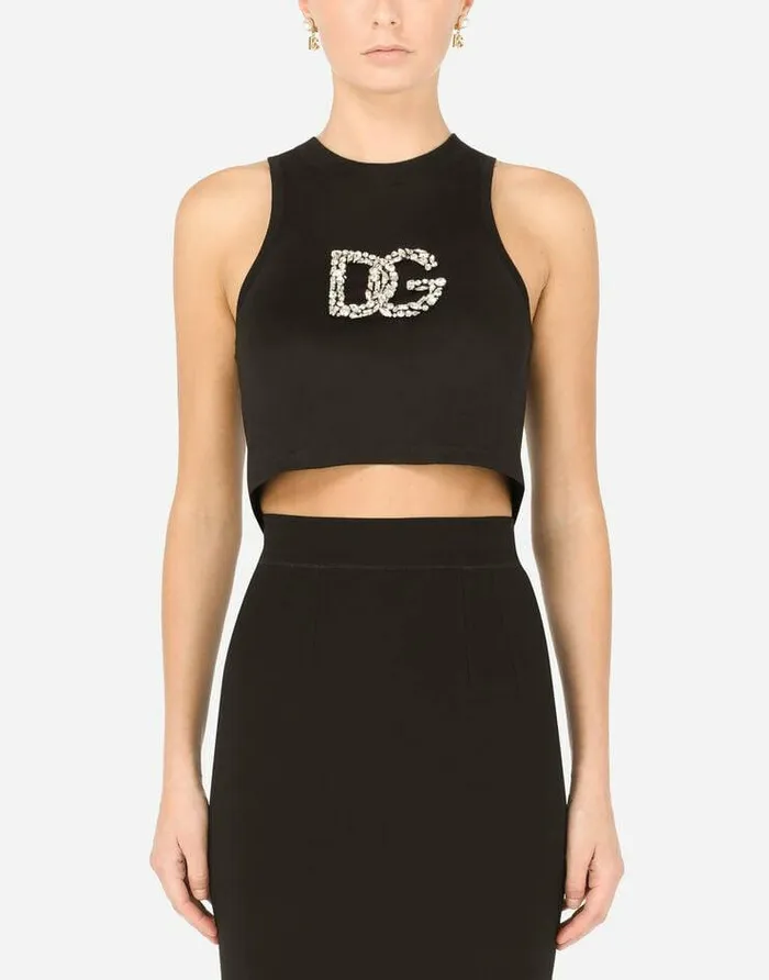 Dolce and Gabbana TShirts And Sweatshirts Women Cropped Jersey Tank Top With Crystal DG Embellishment Black Dolce and Gabbana TShirts And Sweatshirts Women Cropped Jersey Tank Top With Crystal DG Embellishment Black