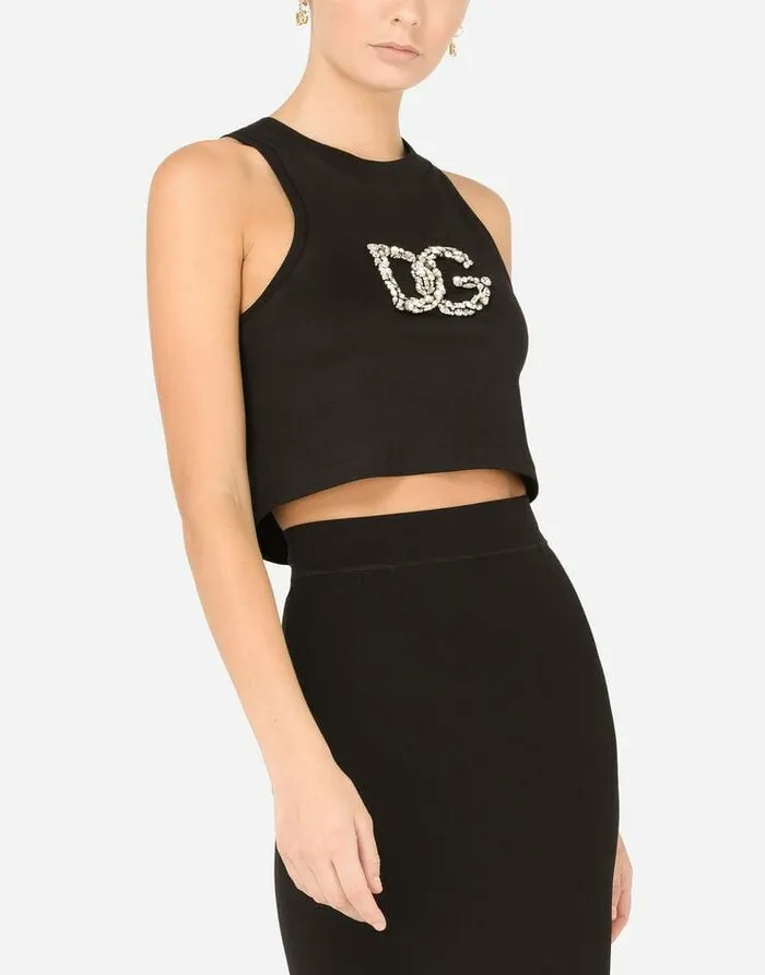 Dolce and Gabbana TShirts And Sweatshirts Women Cropped Jersey Tank Top With Crystal DG Embellishment Black Dolce and Gabbana TShirts And Sweatshirts Women Cropped Jersey Tank Top With Crystal DG Embellishment Black