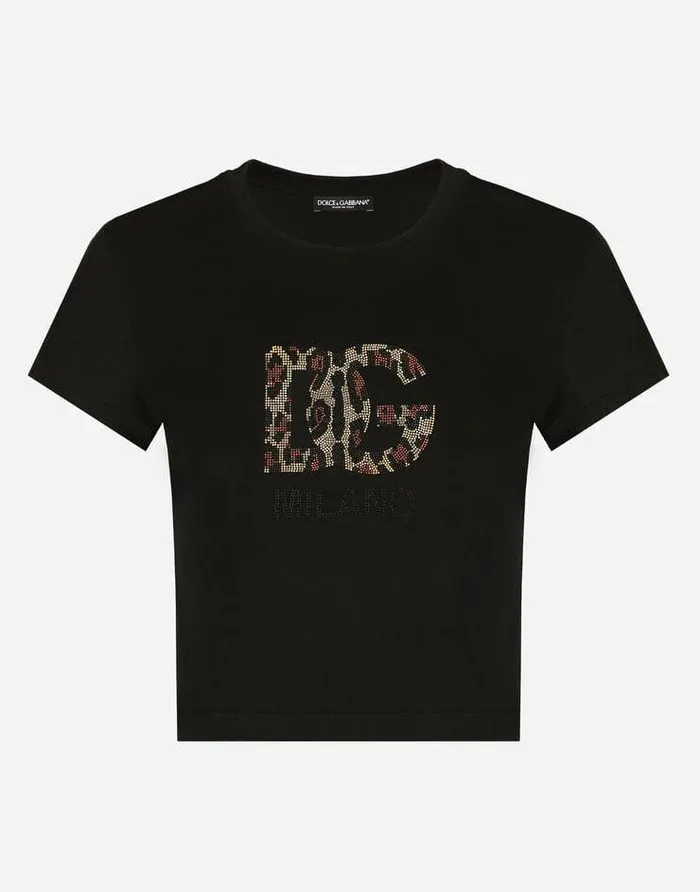 Dolce and Gabbana TShirts And Sweatshirts Women Short Tshirt With Fusiblerhinestone DG Logo Black Dolce and Gabbana TShirts And Sweatshirts Women Short Tshirt With Fusiblerhinestone DG Logo Black