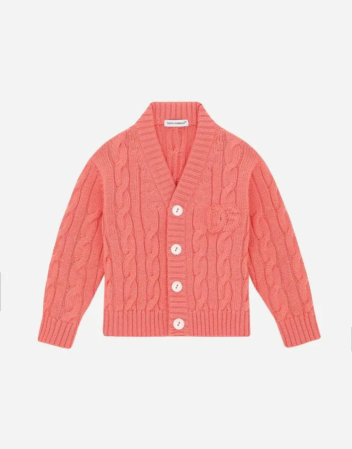 Dolce and Gabbana Topwear Children Cableknit Cardigan With DG Logo Patch Pink