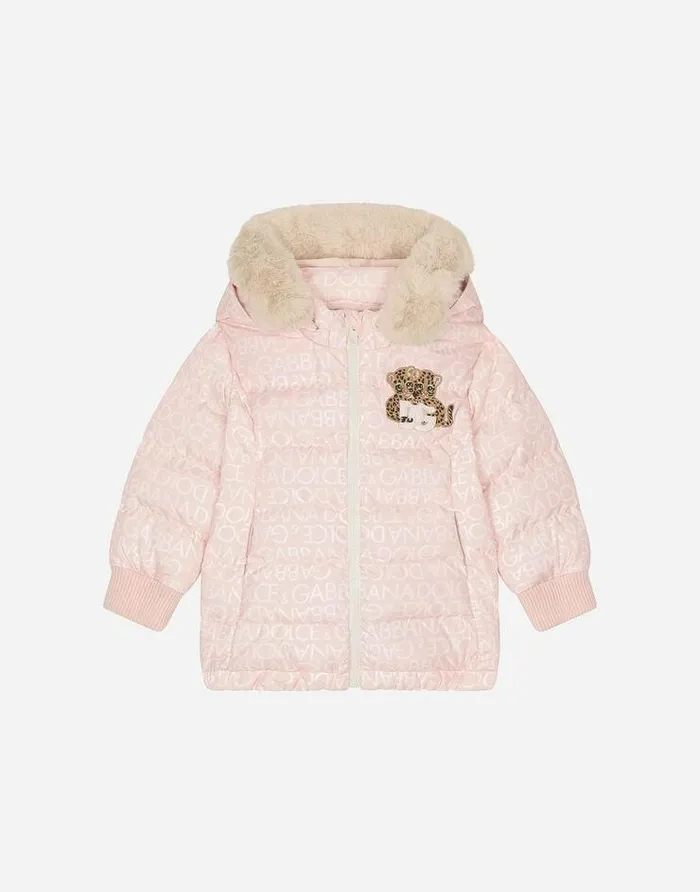 Dolce and Gabbana Topwear Children Long Nylon Down Jacket With Allover Logo Print Pink Dolce and Gabbana Topwear Children Long Nylon Down Jacket With Allover Logo Print Pink