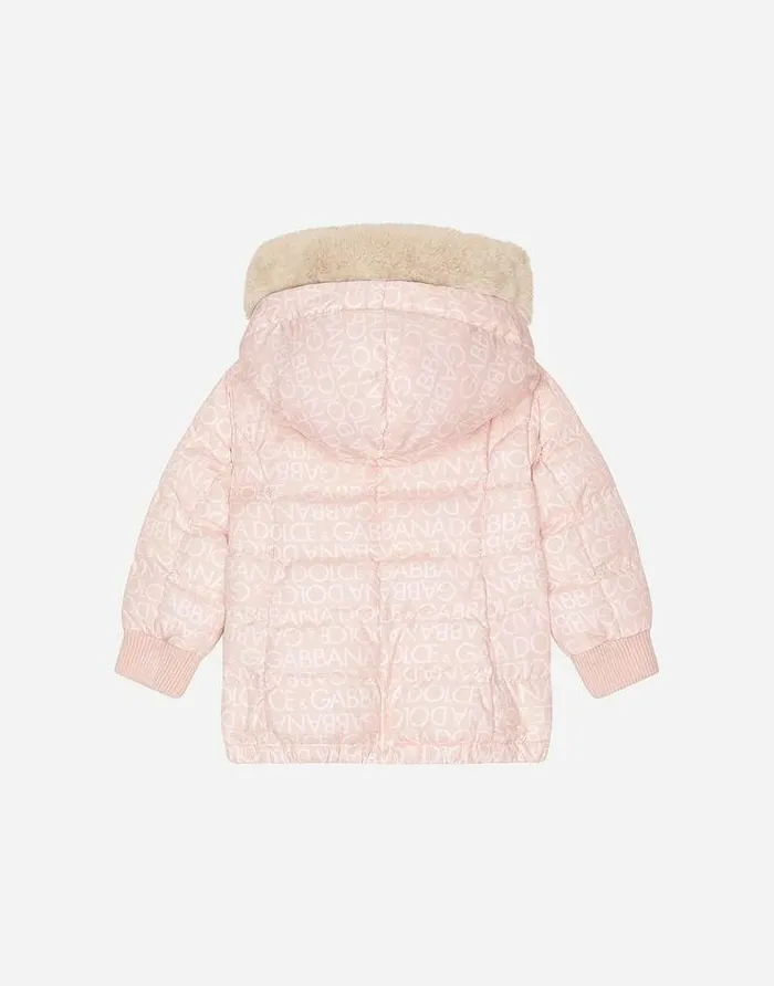 Dolce and Gabbana Topwear Children Long Nylon Down Jacket With Allover Logo Print Pink