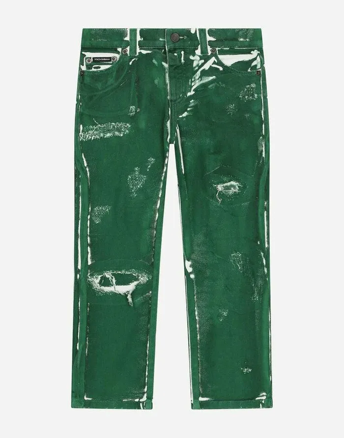 Dolce and Gabbana Trousers And Shorts Children 5pocket Treated Denim Jeans With Logo Tag Green Dolce and Gabbana Trousers And Shorts Children 5pocket Treated Denim Jeans With Logo Tag Green